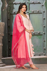 Pink Peach Art Silk Angrakha Neck Kurta Set with Trousers and Dupatta-CL-KPD-137